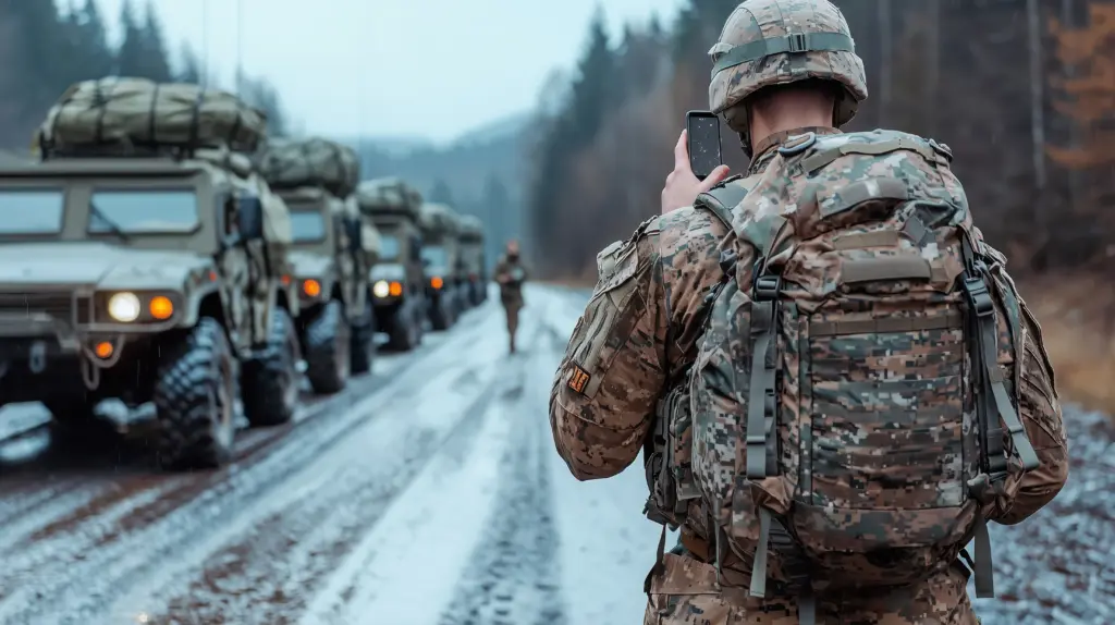A soldier walks along a row of military vehicles, holding a phone for a video call while carrying a backpack in a forested training area during the morning.