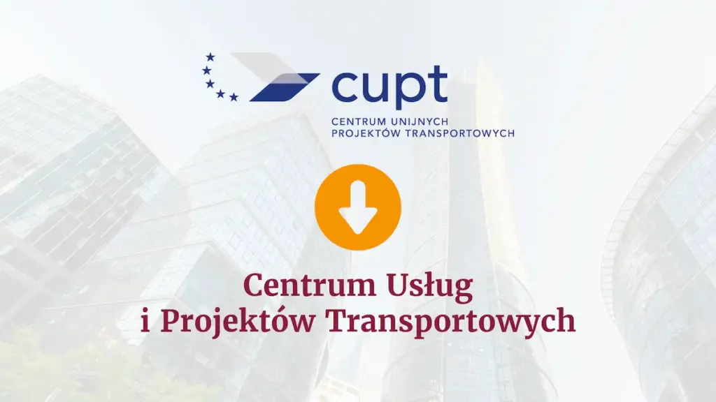 Grafika ilustrująca zmianę nazwy z Centrum Unijnych Projektów Transportowych na Centrum Usług i Projektów Transportowych na tle nowoczesnych biurowców. (Dlaczego tak? Opisuje dokładnie to, co jest na obrazku, zawiera główne słowo kluczowe dla Rank Math i jest przyjazne dla czytników ekranowych).